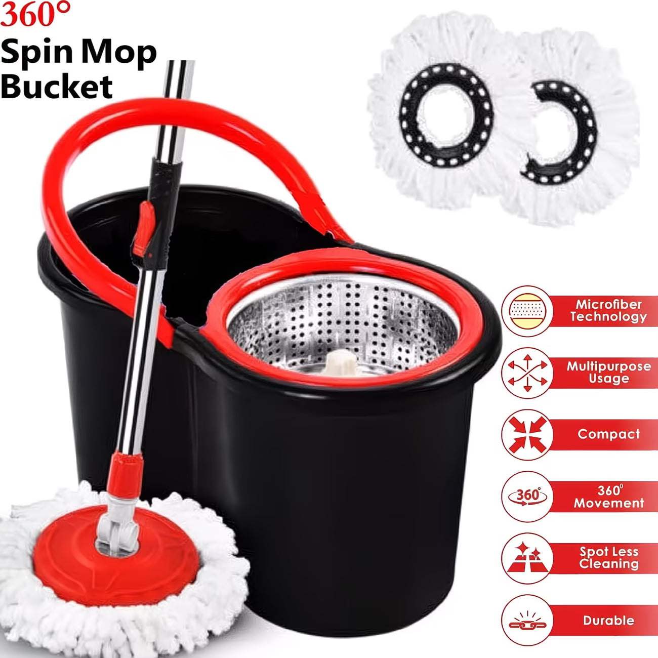 360° Spin Mop Bucket Set with 2 Microfiber Heads – Hands-Free Rotating Floor Cleaning System-4