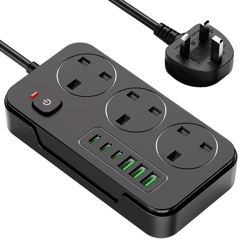 3 Way Power Strip with 3 USB-A & 3 USB-C Ports – 1.8m Extension Lead UK Plug 220–240V