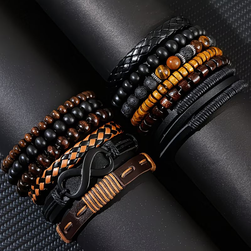 12PCS Men’s Bohemian Bracelet Set – Vintage Faux Leather & Tiger Eye Beaded Stackable Bracelets, Trendy Boho Jewelry-6