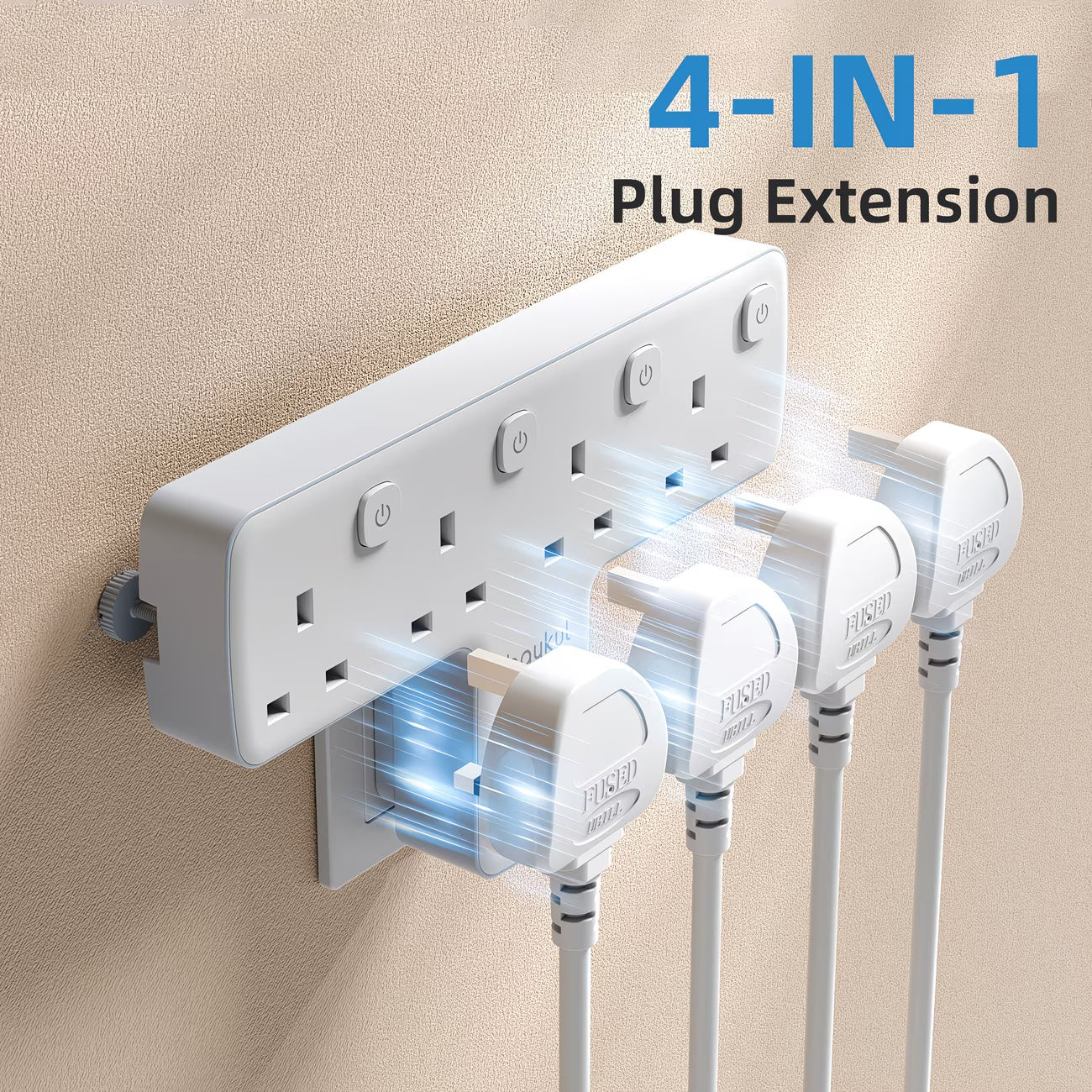 4 Way T-Shape UK Plug Adapter – 3250W Power Extension with 4 AC Outlets, LED Switches &amp; 180° Rotating Wall Socket-4