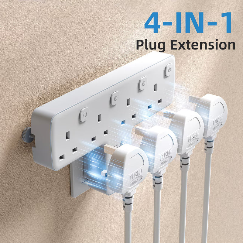 4 Way T-Shape UK Plug Adapter – 3250W Power Extension with 4 AC Outlets, LED Switches &amp; 180° Rotating Wall Socket-4