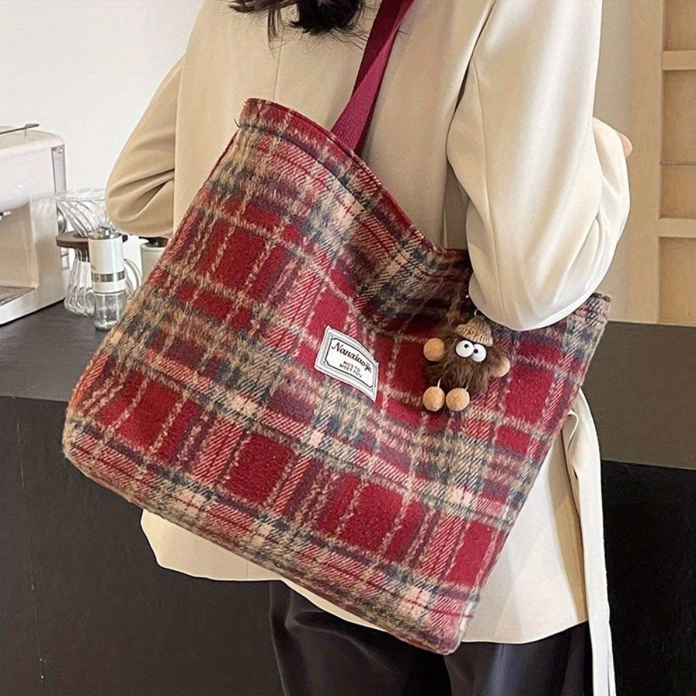 Women Tweed Tote Bag Large Capacity Shoulder Handbag for Work Travel Shopping