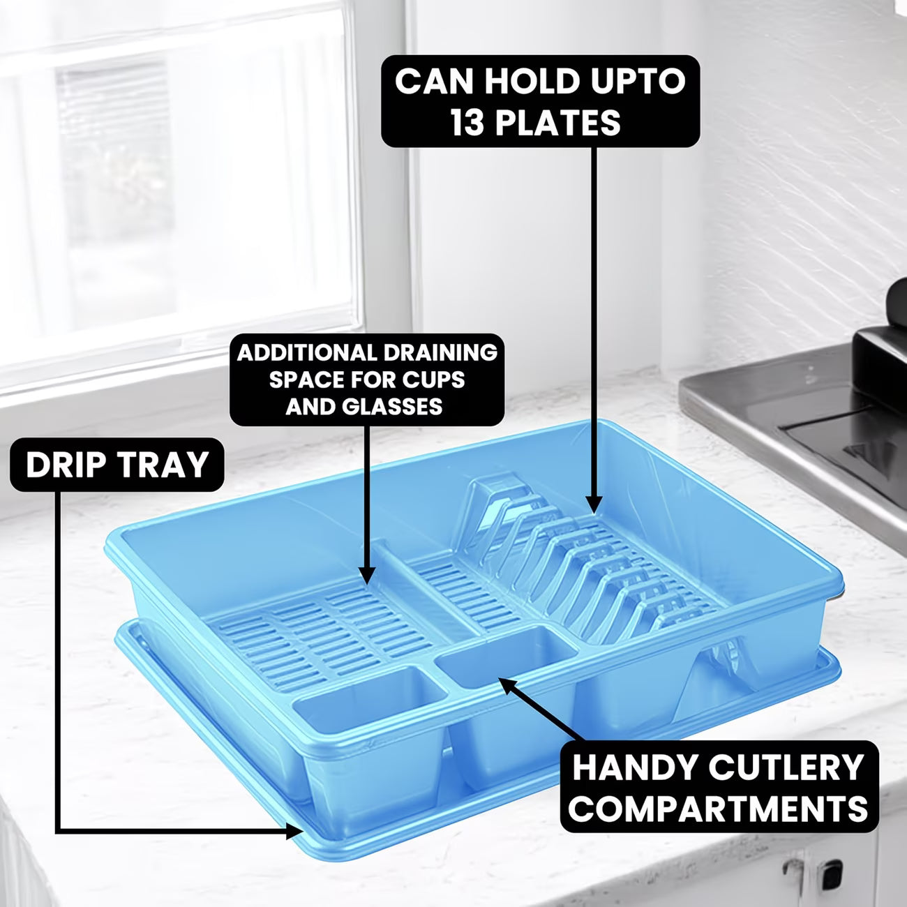 STL Plastic Dish Drainer Rack with Anti-Drip Tray – Holds 13 Plates, BPA-Free Kitchen Organizer-12