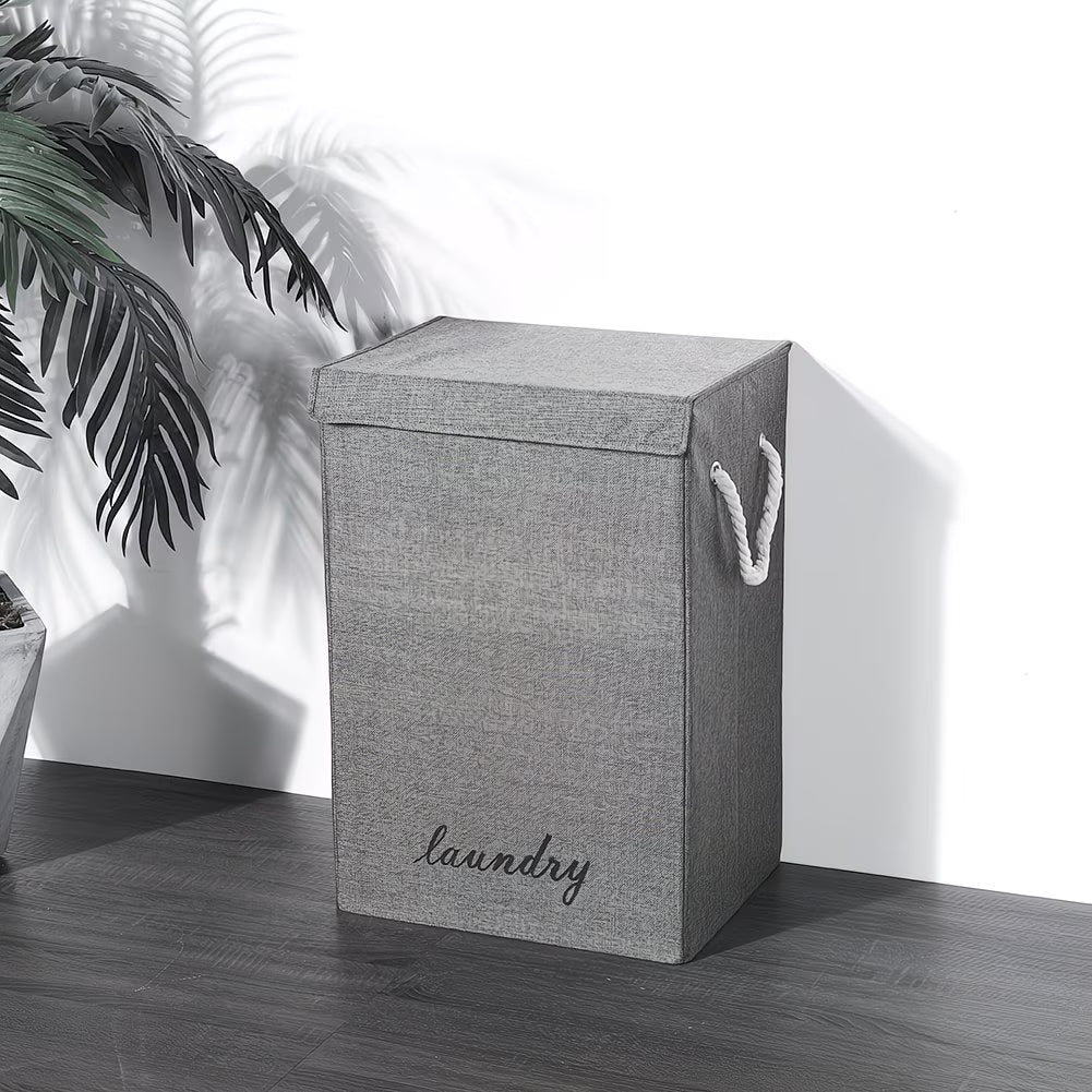 Large Fabric Laundry Basket with Lid – Grey Linen Storage Hamper with Handles-8