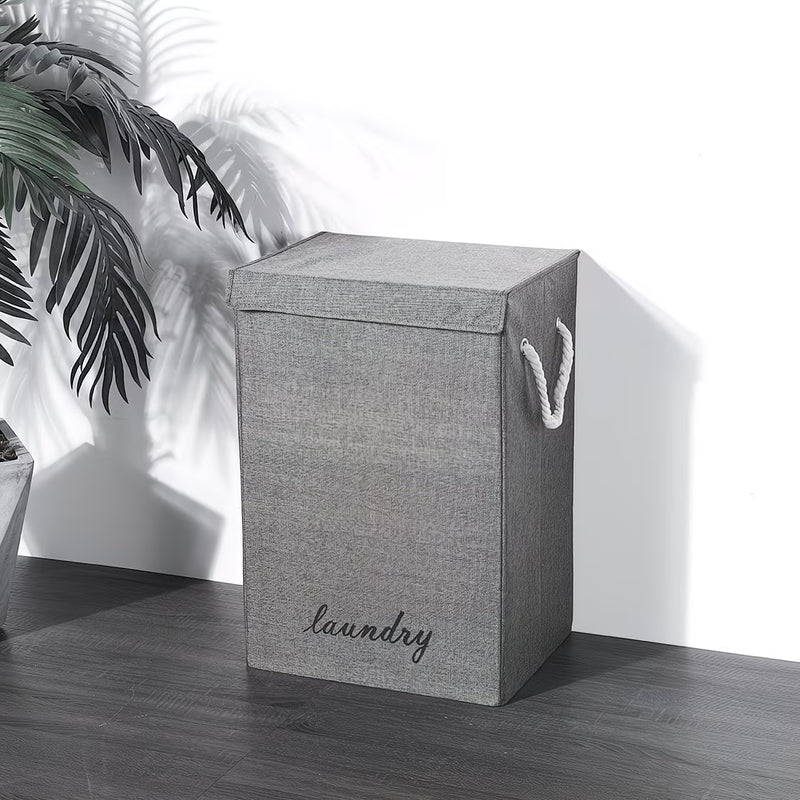 Large Fabric Laundry Basket with Lid – Grey Linen Storage Hamper with Handles-8