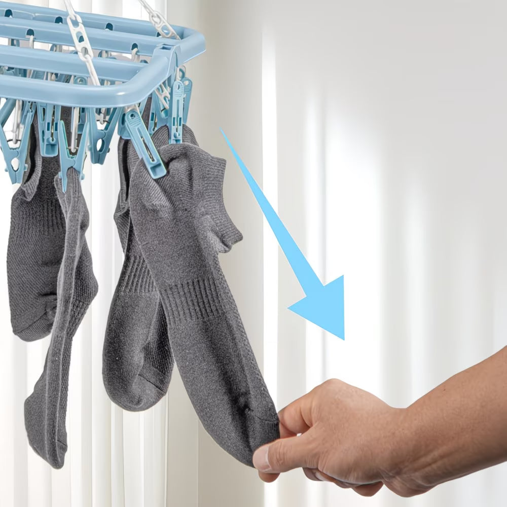 Foldable Sock Dryer Hanger with 32 Clips – 360° Rotating Laundry Drying Rack, Space-Saving Clothes Airer (Blue)-7