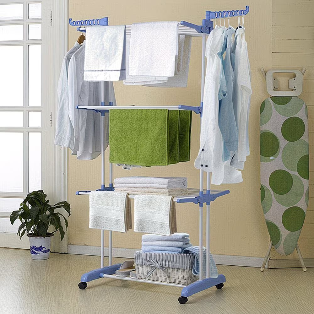 4 Tier Foldable Laundry Airer Rack – Adjustable Stainless Steel Clothes Dryer with Wheels, Heavy Duty Indoor & Outdoor