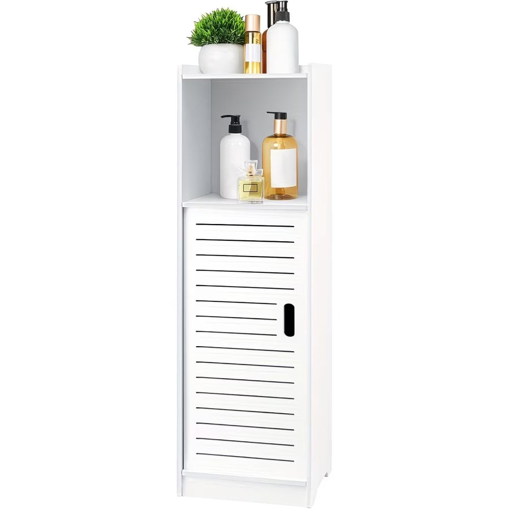 3-Tier Bathroom Storage Cabinet White – Freestanding Wood-Plastic Organizer with Slatted Doors & Open Shelf-8