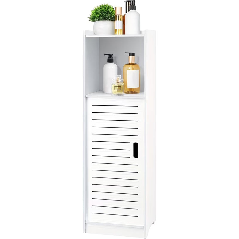 3-Tier Bathroom Storage Cabinet White – Freestanding Wood-Plastic Organizer with Slatted Doors & Open Shelf-8
