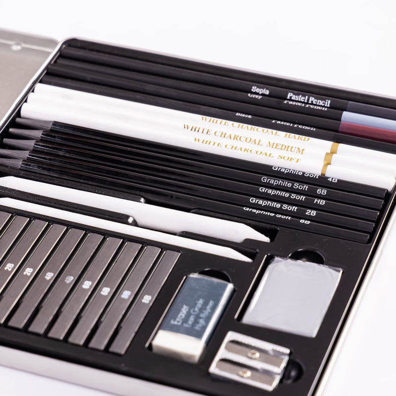 Evelay 28pcs Professional Drawing Pencil Set Sketching Art Kit with Charcoal Graphite Pastels & Tin Case-1