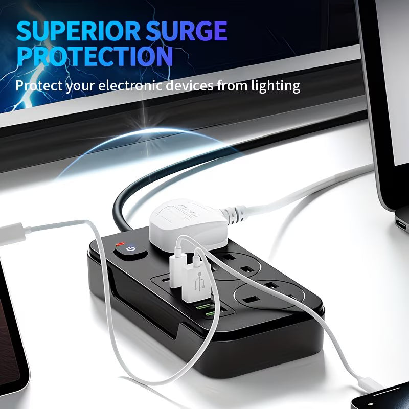 3-Outlet UK Power Strip with 3 USB-A & 3 USB-C Ports – 1.8m Extension Cord, 220-240V-6