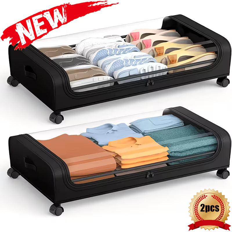 2-Pack Underbed Storage Boxes with Wheels & Lid – 48L Foldable Metal Frame Bed Storage Organiser for Clothes, Shoes & Bedding
