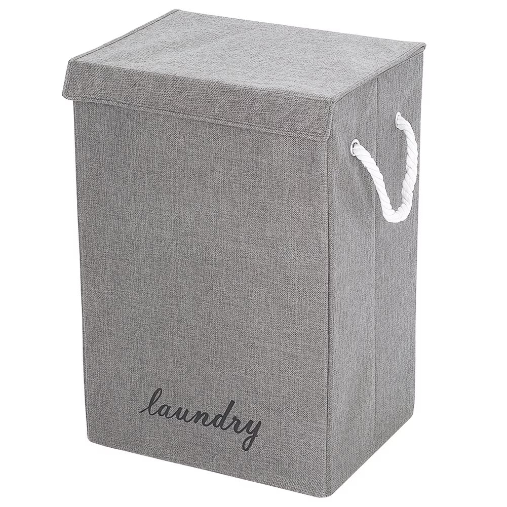 Large Fabric Laundry Basket with Lid – Grey Linen Storage Hamper with Handles-11
