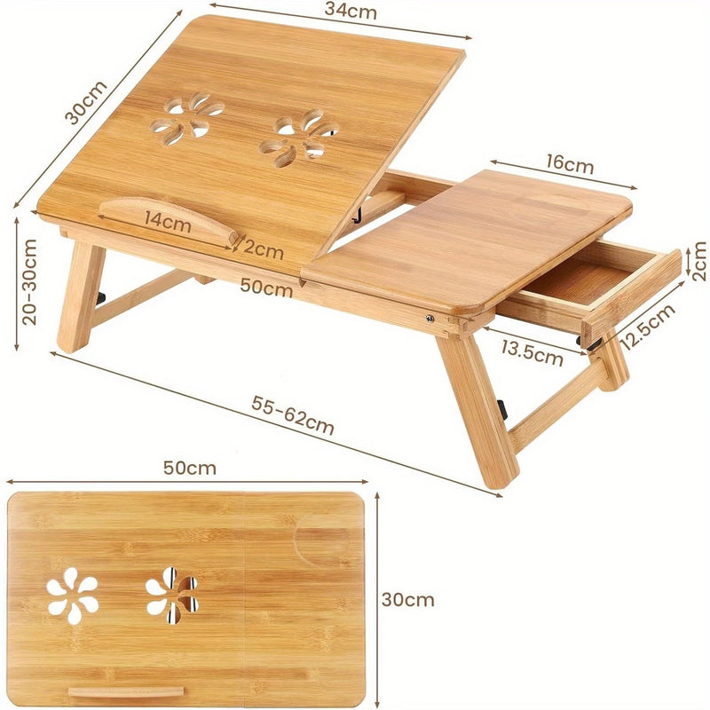 Foldable Bamboo Laptop Bed Table with Drawer – Adjustable Portable Laptop Tray for Bed, Sofa & Breakfast Use (50x30cm)-2