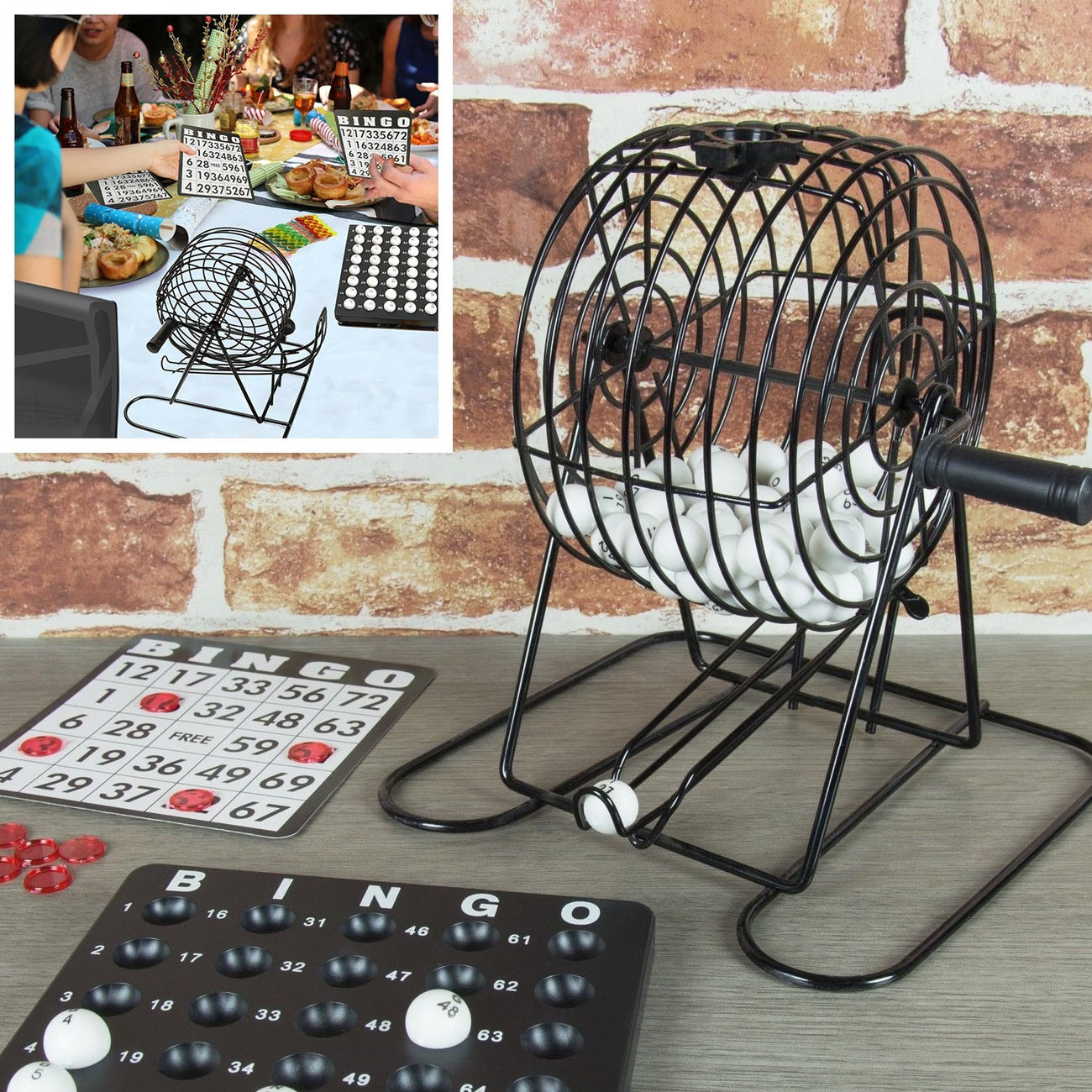 Bingo Game Set Metal Cage with 75 Balls 18 Cards 150 Chips Family Party Game