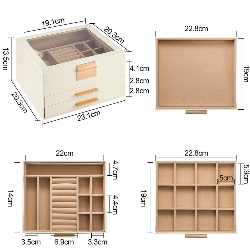 3 Layer PU Leather Jewelry Box with Glass Lid – Elegant Jewellery Organizer with Drawers for Rings, Necklaces, Earrings & Bracelets (White)-3