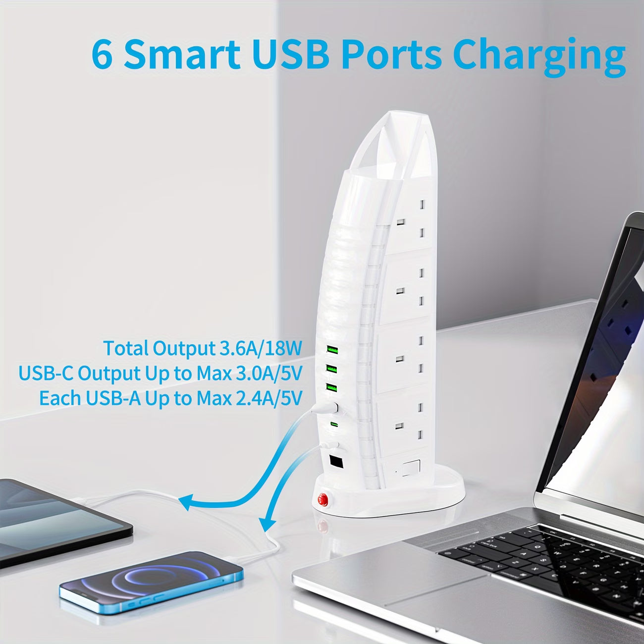 Tower Extension Lead 8 Way Sockets with 6 USB Ports 3.6A Vertical Power Strip 5m 3m 2m Cable TB01-8