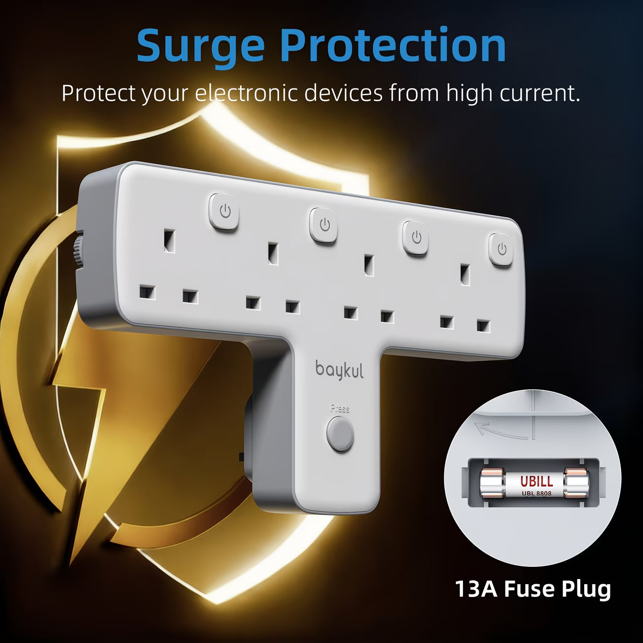 4 Way T-Shape UK Plug Adapter – 3250W Power Extension with 4 AC Outlets, LED Switches &amp; 180° Rotating Wall Socket-3