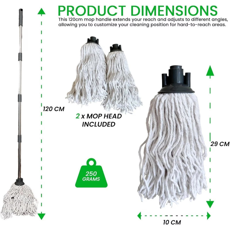 Cotton String Floor Mop with 120cm Stainless Steel Handle – Absorbent Non-Scratch Mop with 2 Replaceable Heads for Tile, Wood & Kitchen Floors-5