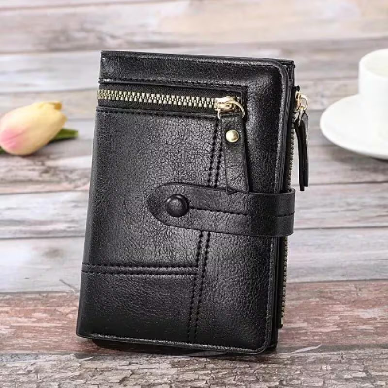 Women’s Black PU Leather Zip Clutch Wallet – 8 Card Slots, Coin Purse & ID Holder (15x10cm)