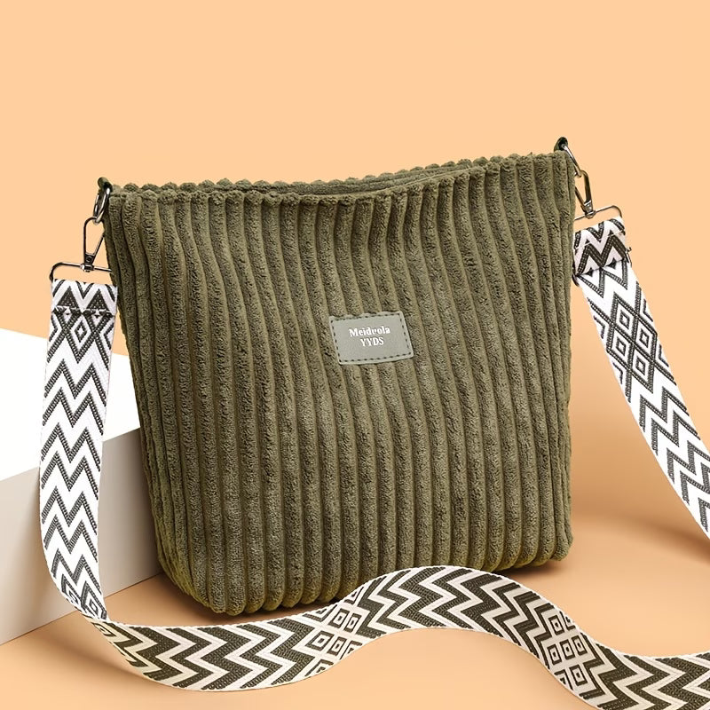 Women’s Corduroy Shoulder Bag – Boho Wide Strap Crossbody Tote for Travel & Daily Use-6