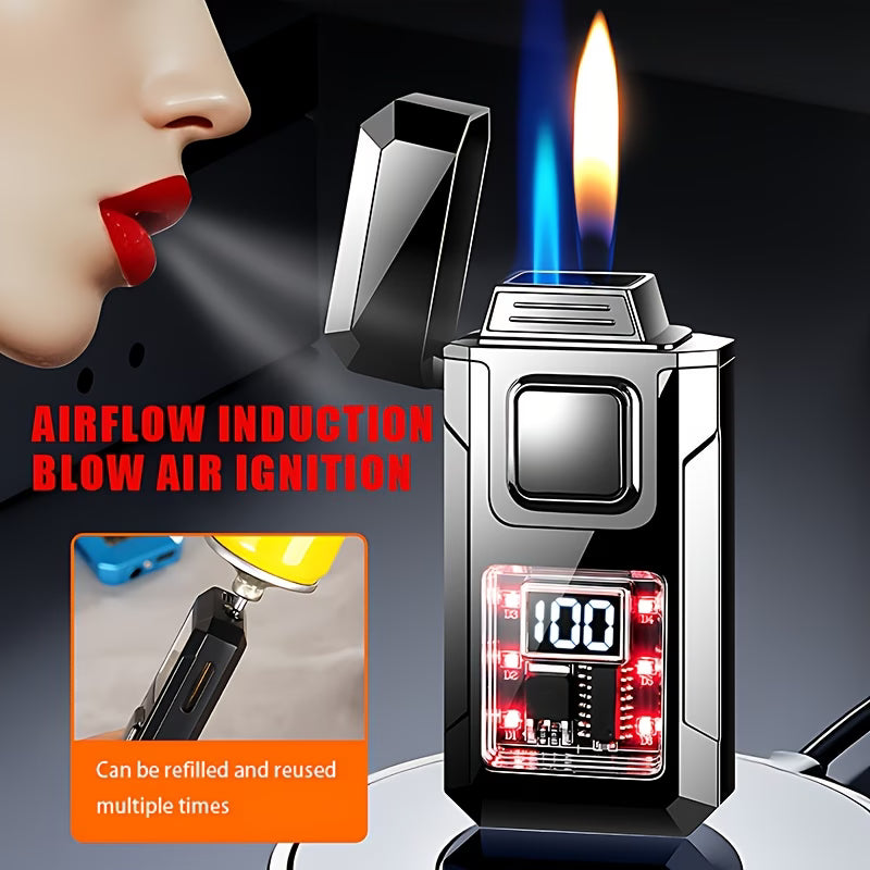 Smart Dual Flame Butane Lighter – Voice & Gravity Ignition, Windproof Torch Lighter with Battery Indicator & LED Lights (No Gas Included)-8