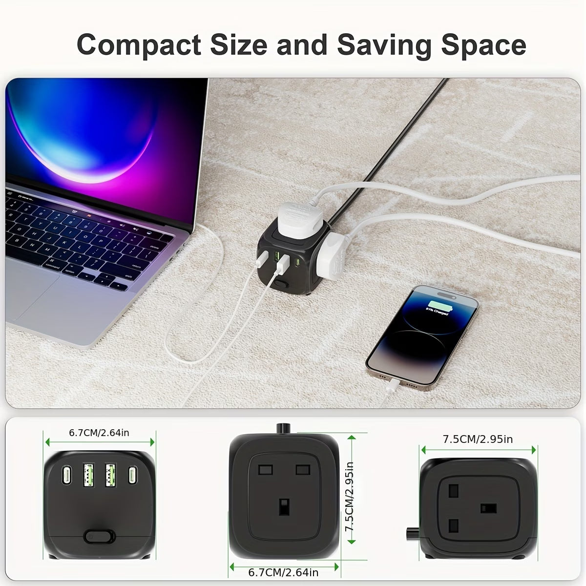 HULKER P34 UK Extension Lead 3 Way Power Strip with 4 USB Ports 13A Surge Protector 1.5m Cable-7