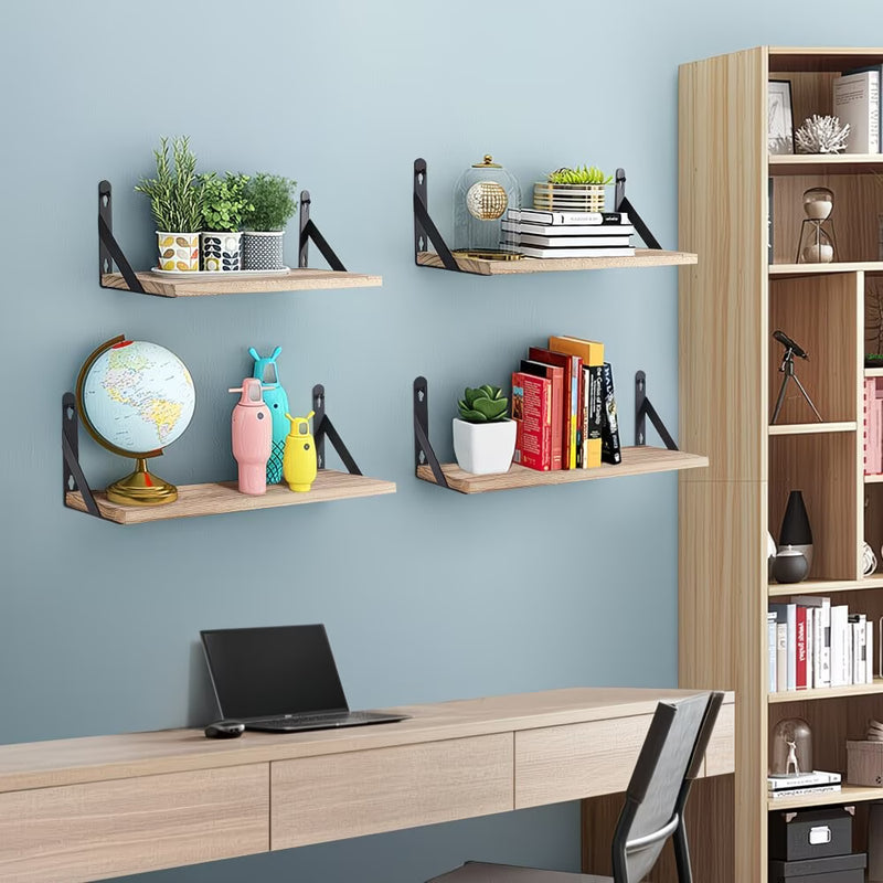Set of 4 Rustic Floating Wall Shelves 17in – Wooden Storage Shelves with Metal Brackets-6