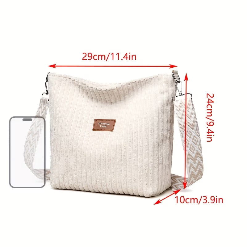 Women’s Corduroy Shoulder Bag – Boho Wide Strap Crossbody Tote for Travel & Daily Use-3
