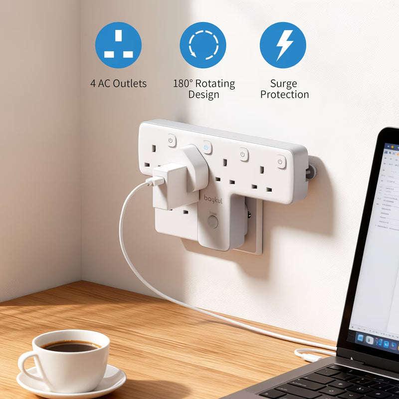 4 Way T-Shape UK Plug Adapter – 3250W Power Extension with 4 AC Outlets, LED Switches &amp; 180° Rotating Wall Socket-5