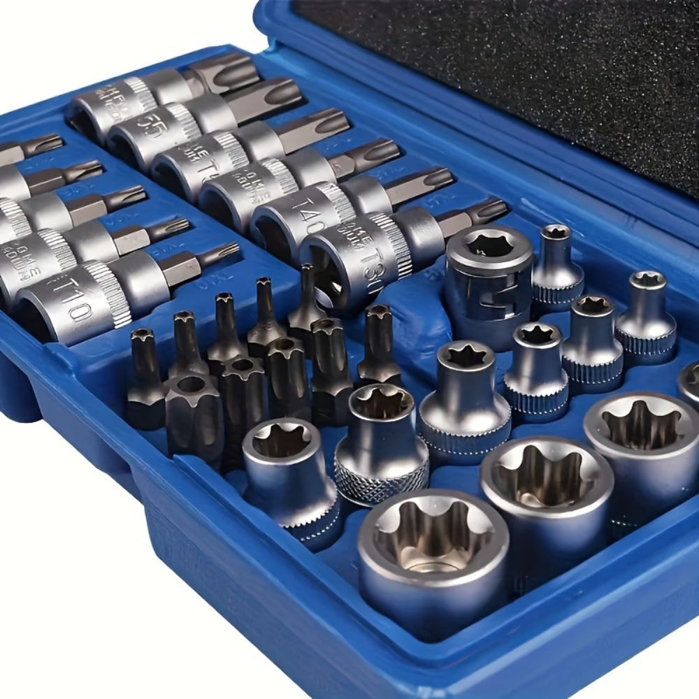34 Piece E Torx Socket Set Chrome Vanadium Star Bit Tool Kit with Case for Auto Repair-8