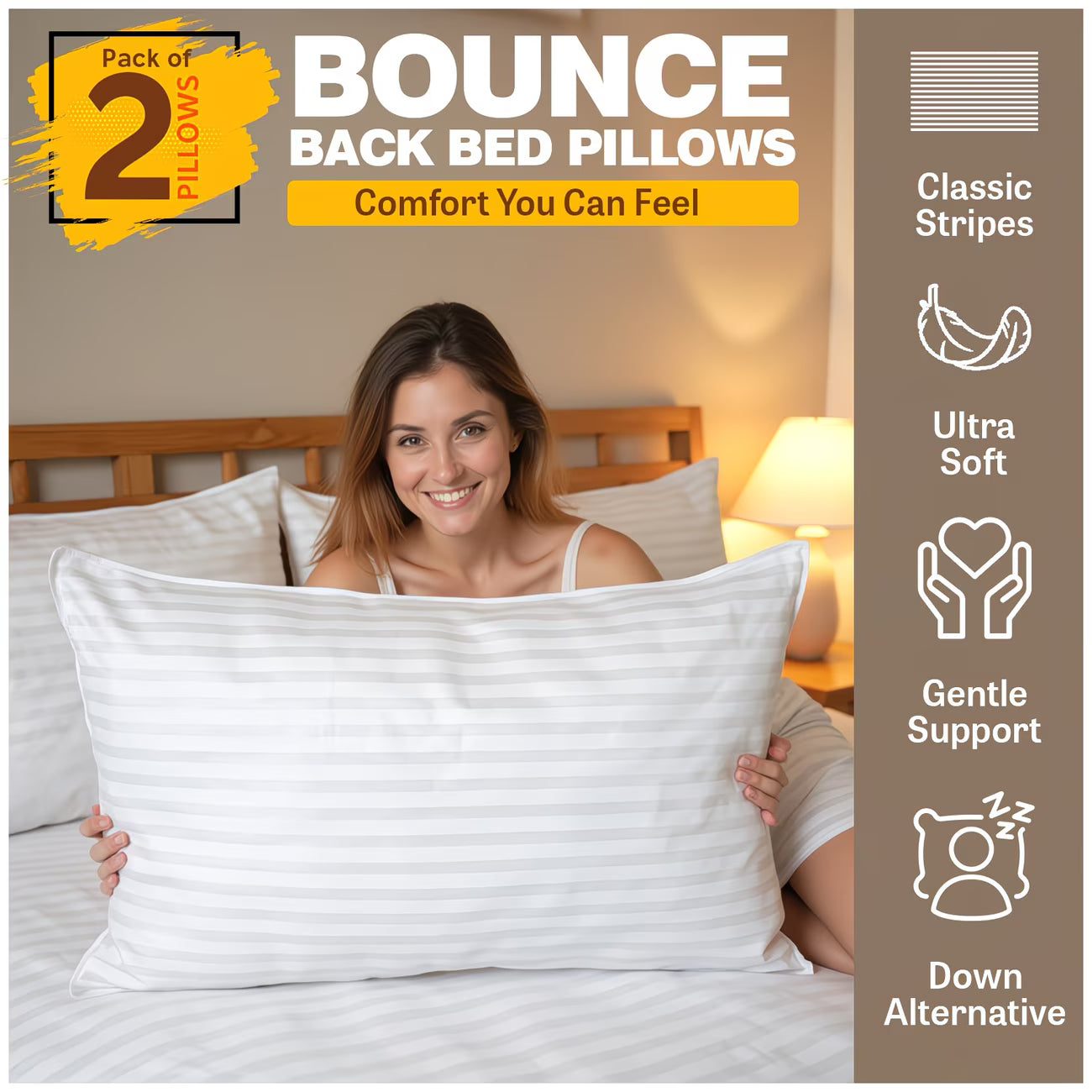 Hotel Quality Stripe Bed Pillows 2 Pack – Extra Filled Plush Support, Bounce-Back Comfort - UK Brand-1