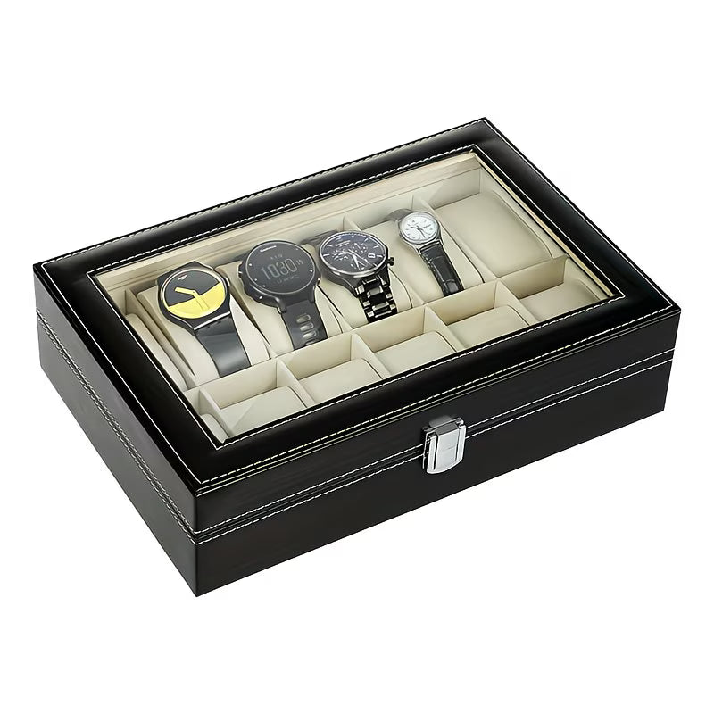 12 Slot Watch Storage Box – Black Faux Leather Display Case with Glass Lid & Removable Cushions-6