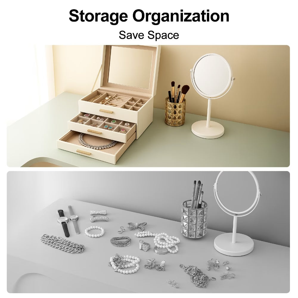 3 Layer PU Leather Jewelry Box with Glass Lid – Elegant Jewellery Organizer with Drawers for Rings, Necklaces, Earrings & Bracelets (White)-7