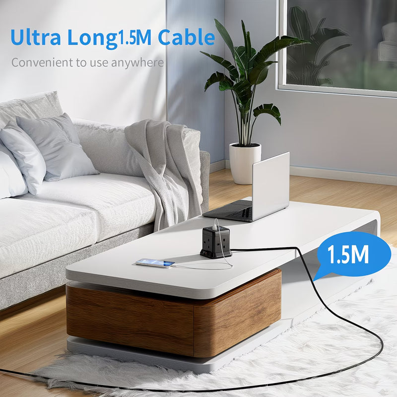 Cube Extension Lead 4-Gang with 3 USB Ports – 13A 3250W Power Strip with Switch, 1.5m Cable (Black)-8