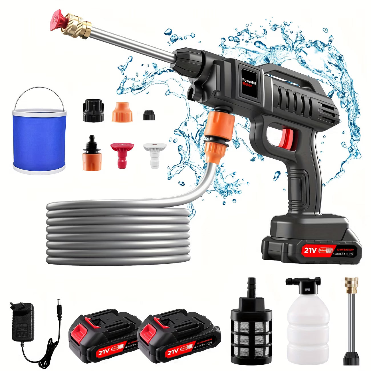 Cordless Pressure Washer 21V Portable Power Cleaner with 2 Batteries Foam Bottle Nozzles Kit-8