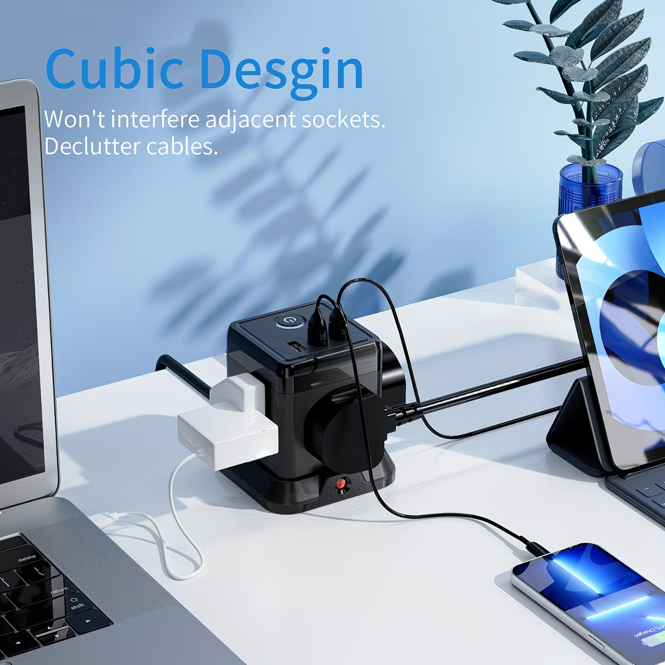 Cube Extension Lead 4-Gang with 3 USB Ports – 13A 3250W Power Strip with Switch, 1.5m Cable (Black)-7