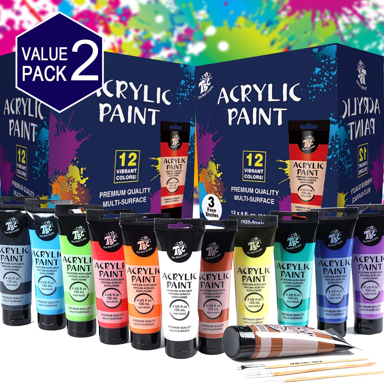 Acrylic Paint Set 12 x 120ml Tubes with 3 Brushes – Vibrant Multi-Surface Paints for Canvas, Wood, Glass & Crafts