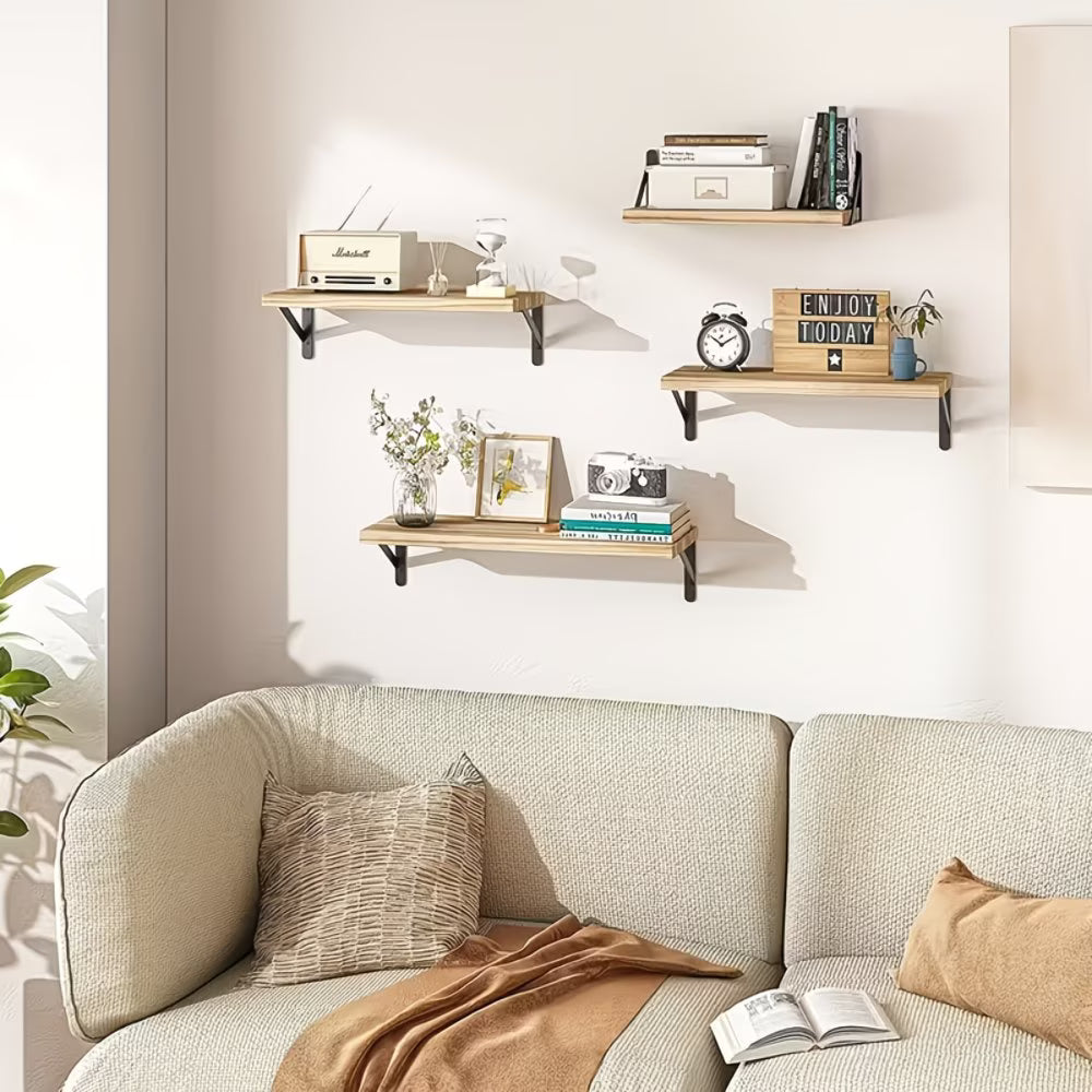 Set of 4 Rustic Floating Wall Shelves 17in – Wooden Storage Shelves with Metal Brackets-2