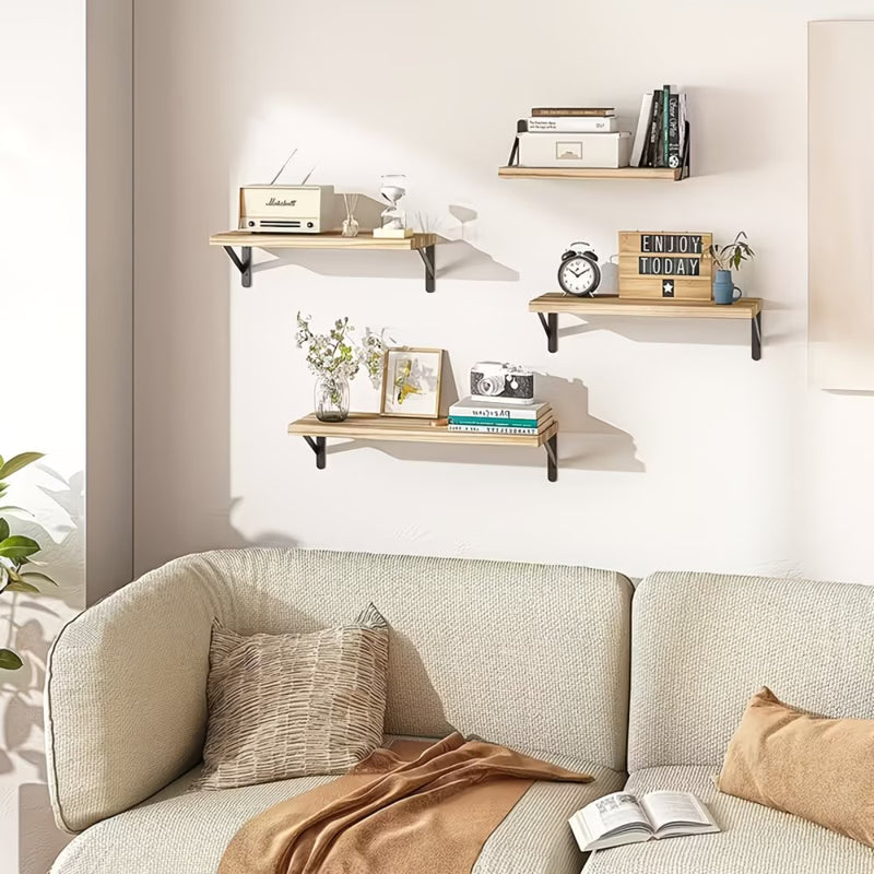Set of 4 Rustic Floating Wall Shelves 17in – Wooden Storage Shelves with Metal Brackets-2