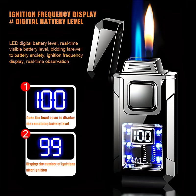 Smart Dual Flame Butane Lighter – Voice & Gravity Ignition, Windproof Torch Lighter with Battery Indicator & LED Lights (No Gas Included)-7