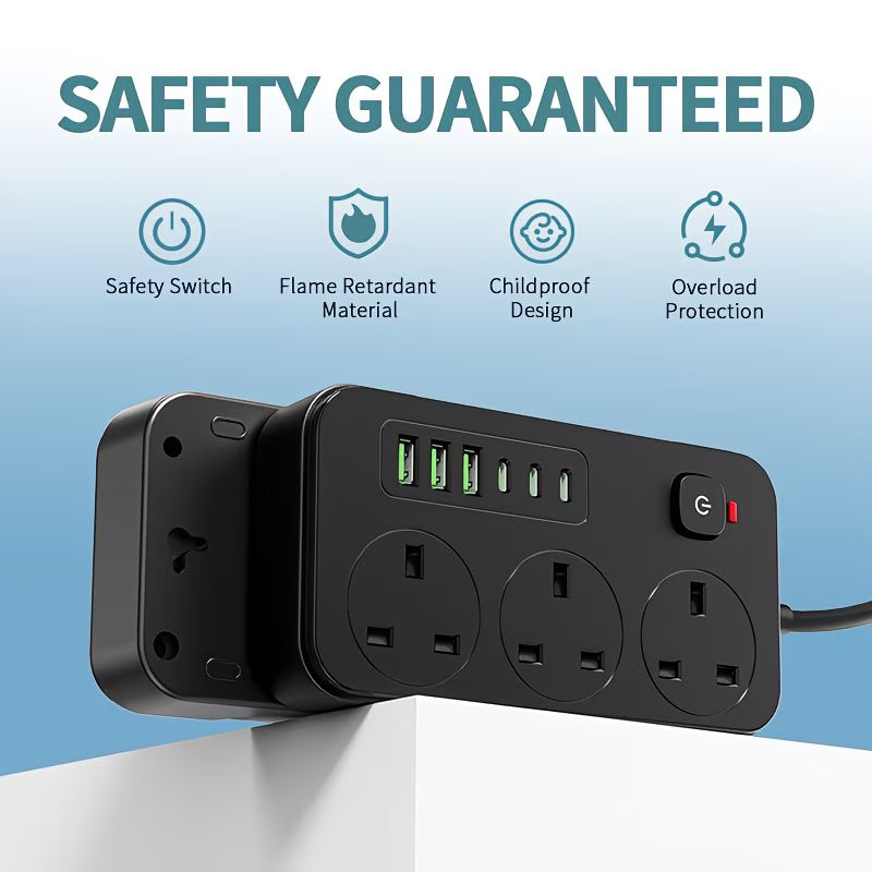 3 Way Power Strip with 3 USB-A & 3 USB-C Ports – 1.8m Extension Lead UK Plug 220–240V-8