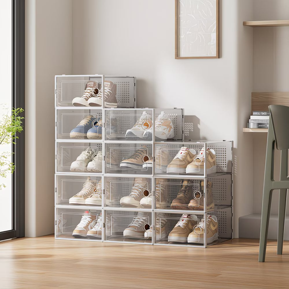 Pack of 12 Stackable Shoe Storage Boxes with Clear Front Door – Space Saving Organisers UK 9.5-14