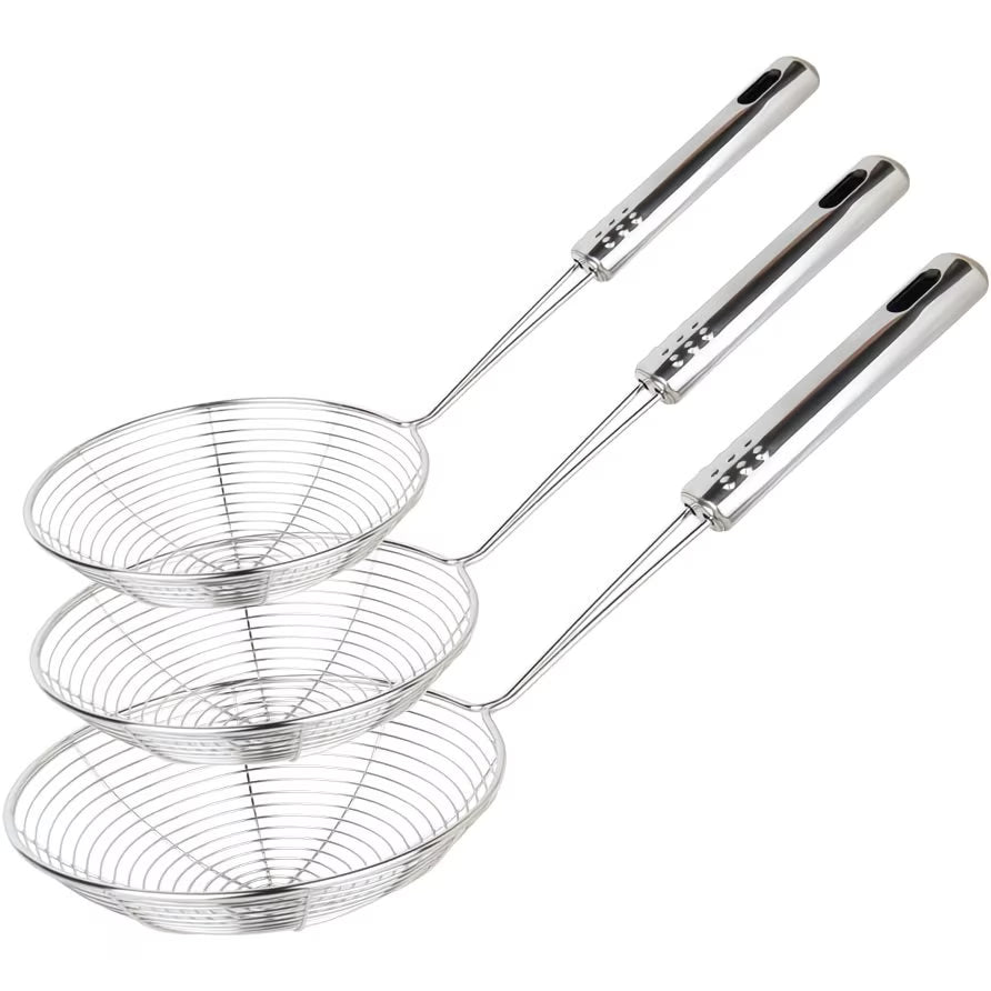 3pcs Stainless Steel Spider Strainer Set (15cm/17cm/19cm) Long Handle Skimmers for Frying & Pasta