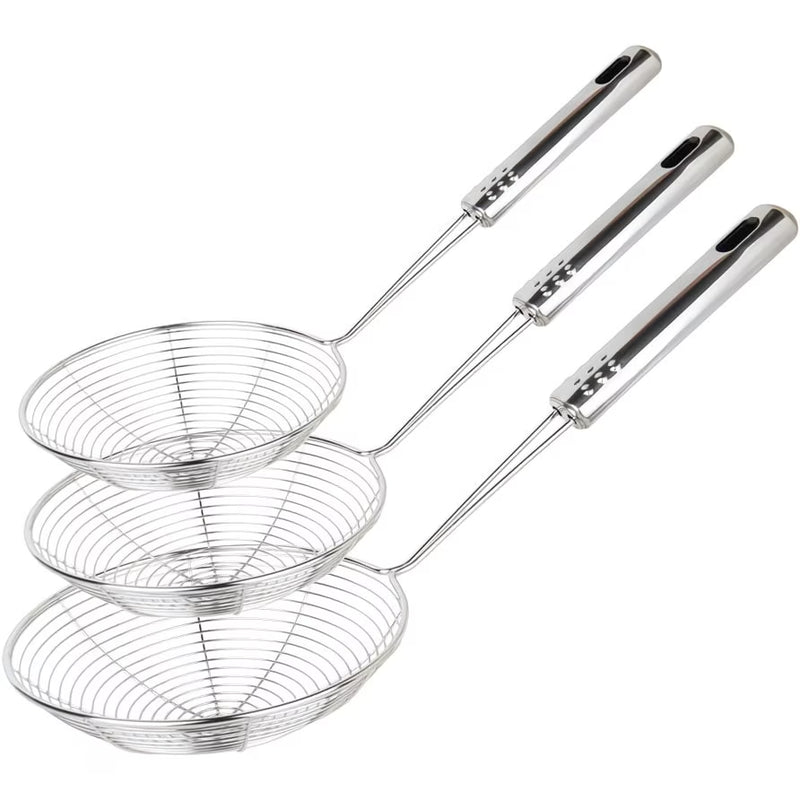 3pcs Stainless Steel Spider Strainer Set (15cm/17cm/19cm) Long Handle Skimmers for Frying & Pasta-1