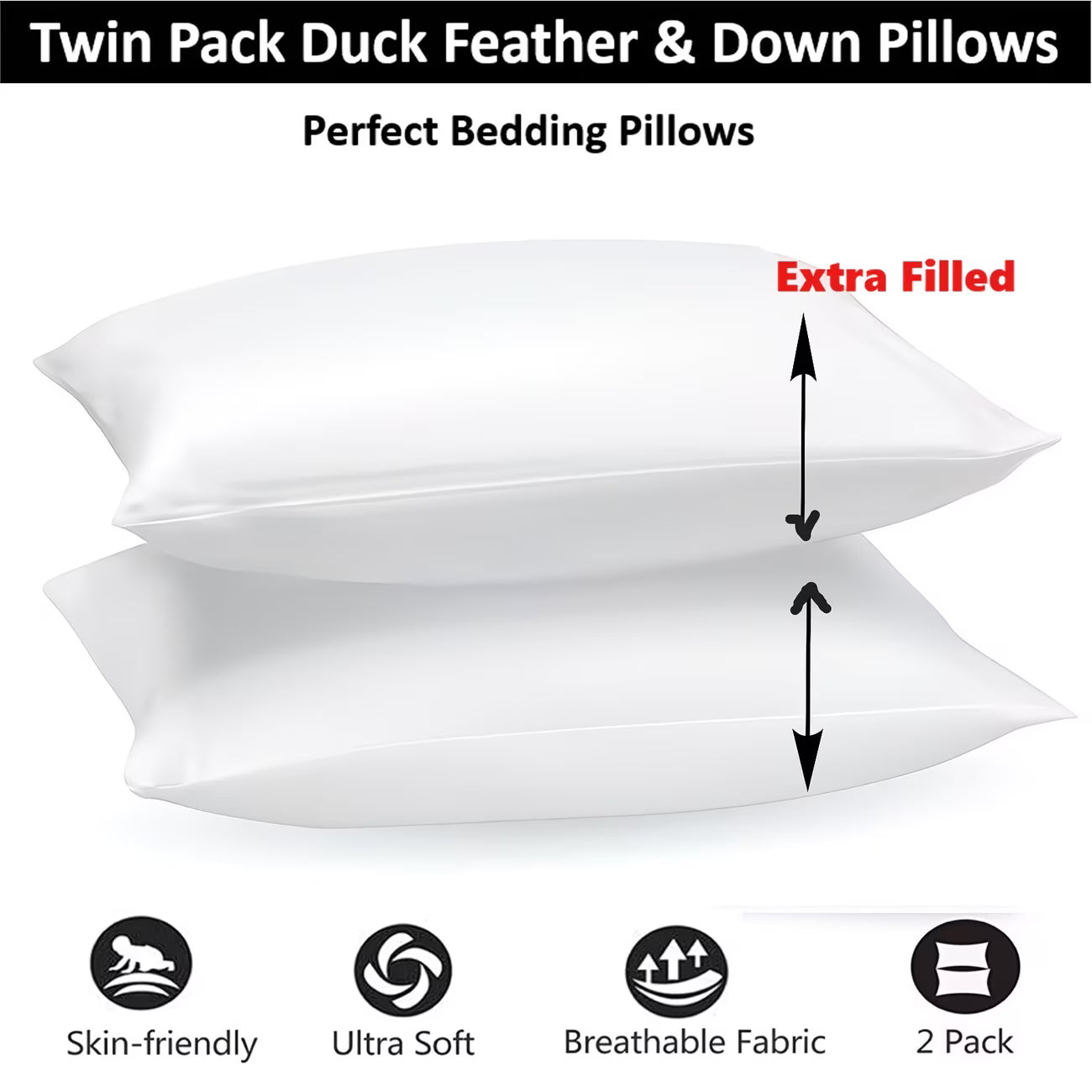 Duck Feather & Down Pillows – Extra Filled Hotel Quality 19x29” Microfiber Cover-2
