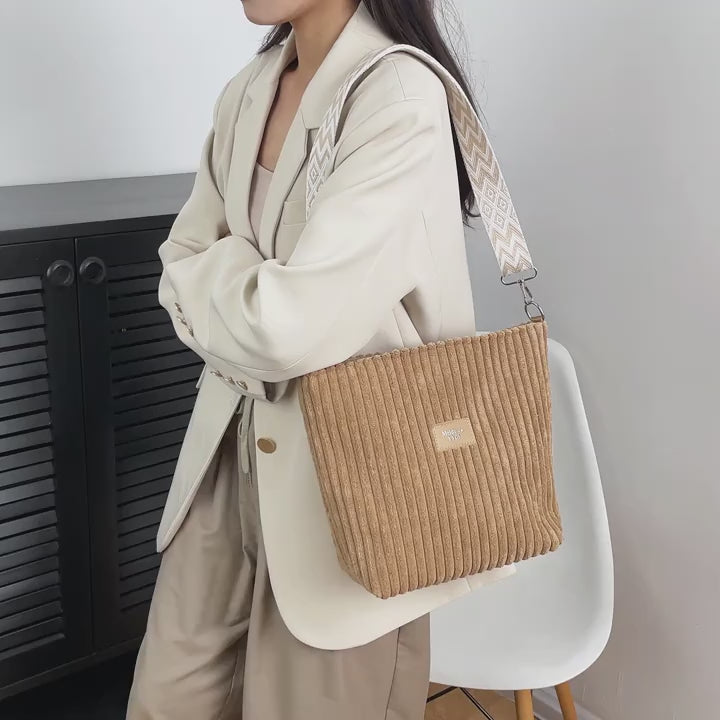 Women’s Corduroy Shoulder Bag – Boho Wide Strap Crossbody Tote for Travel & Daily Use-2