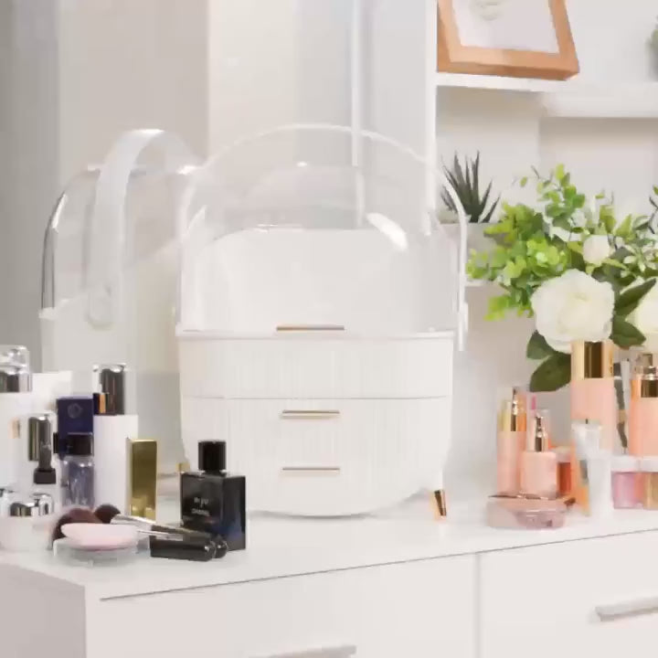Makeup Organiser Storage Box with Transparent Cover – Cosmetic Display Case for Vanity & Bathroom (White)-2