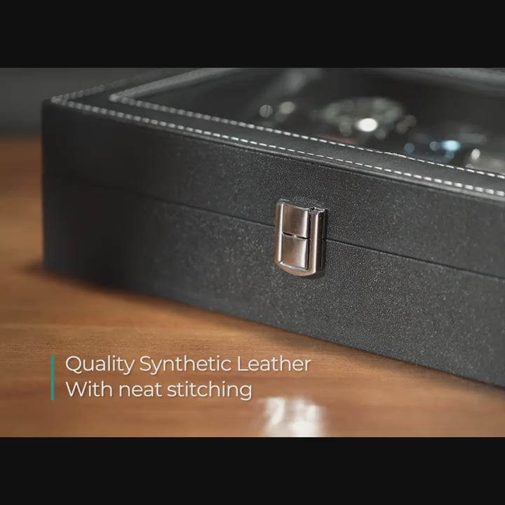 12 Slot Watch Storage Box – Black Faux Leather Display Case with Glass Lid & Removable Cushions-2